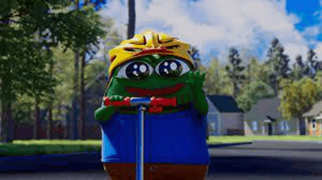 a frog wearing a helmet is riding a scooter on a street .
