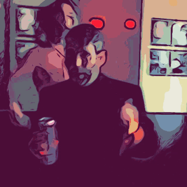 a drawing of a man holding a can of soda