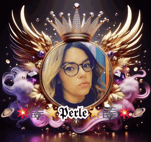 a picture of a woman with glasses and the name perle on it