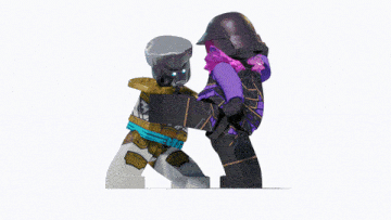 two lego figures standing next to each other with one wearing a helmet