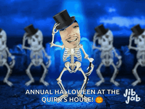 a skeleton wearing a top hat and cane is dancing in front of a group of skeletons wearing top hats