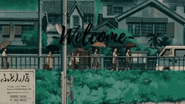 a group of people are walking across a bridge with umbrellas and a sign that says welcome