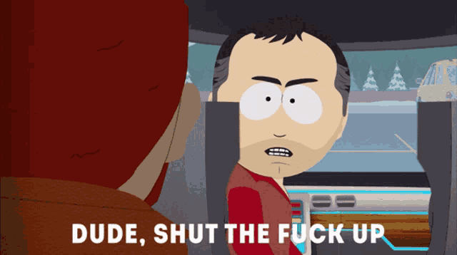 a cartoon character says " dude shut the fuck up " while sitting in a car