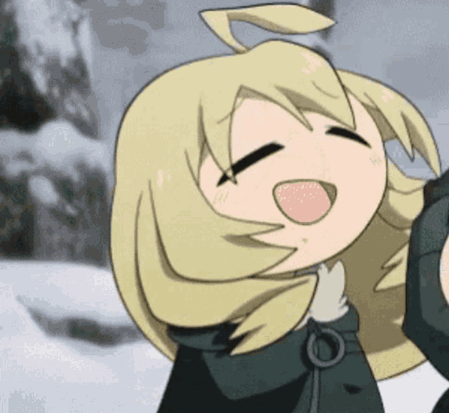 a cartoon girl with blonde hair is smiling with her mouth wide open