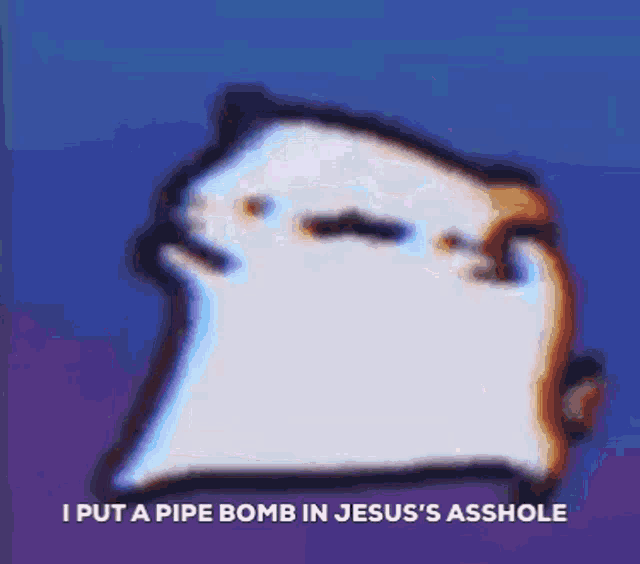 a picture of a cat with the words i put a pipe bomb in jesus 's asshole