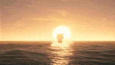 a sailboat in the middle of the ocean with the sun behind it