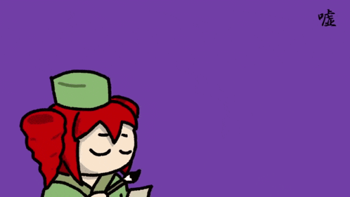 a cartoon character with red hair and a green hat holds a pen