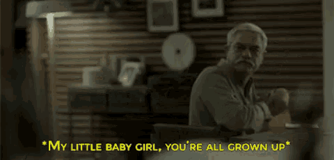 a man sitting at a table with the words " my little baby girl you 're all grown up "