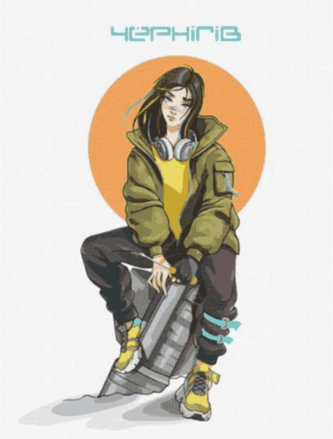a drawing of a girl with headphones sitting on a robot with the word " черніг " on the bottom right