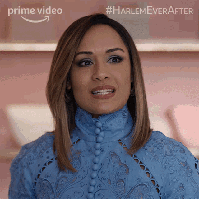 a woman in a blue dress with the words prime video on the bottom