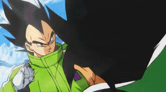 a cartoon character is wearing a green jacket and a white glove