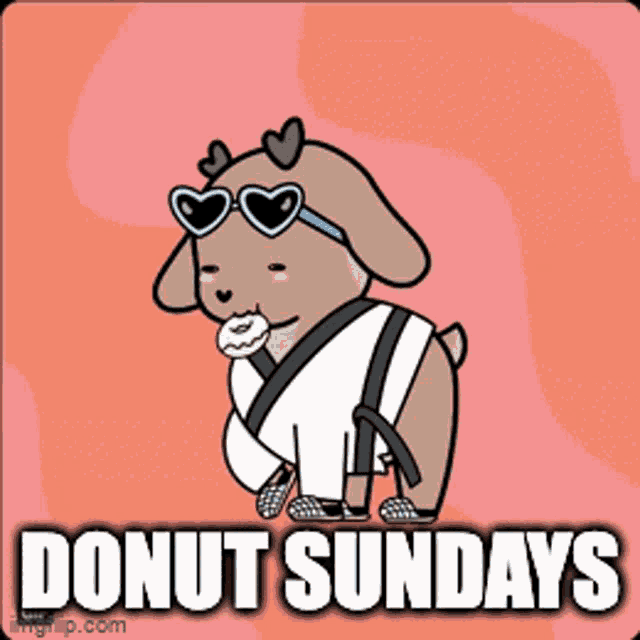 a cartoon of a dog holding a donut with the words donut sundays written below it