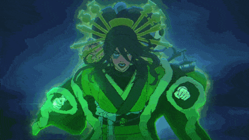 a cartoon drawing of a woman in a green suit