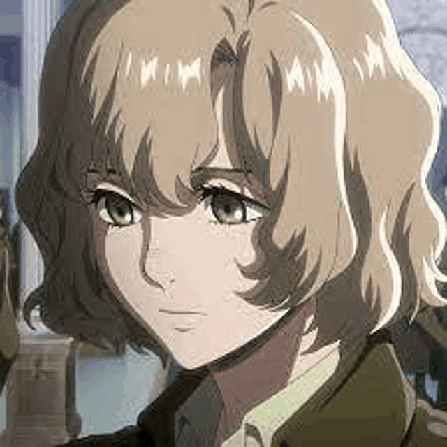 a close up of a person 's face in a cartoon with brown hair and green eyes .