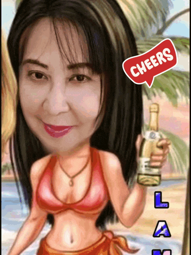 a cartoon of a woman in a bikini holding a bottle with a cheers sticker on it