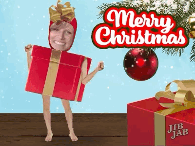 a merry christmas greeting card with a woman in a red gift box