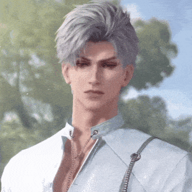 a man with gray hair is wearing a white shirt with suspenders