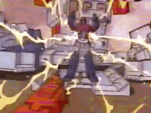 a transformer is being destroyed by a lightning bolt in a cartoon scene .
