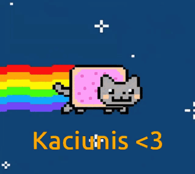 a pixel art of a cat with a rainbow behind it and the words kaciunis < 3 below it
