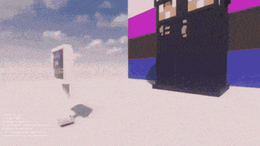 a video game scene with a purple and white building and a white box with a picture on it
