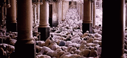 a large group of people are praying in a temple
