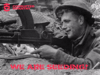 a black and white photo of a man pointing a gun with corrupted infantry written on the bottom