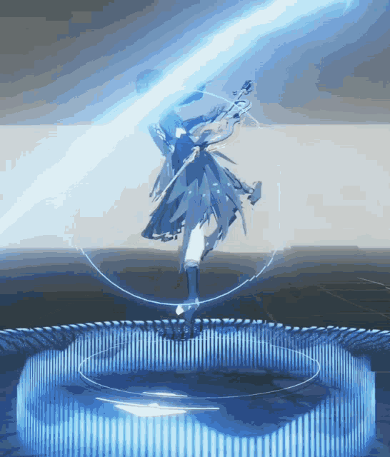a person in a white dress is standing in a circle with a blue light coming out of it