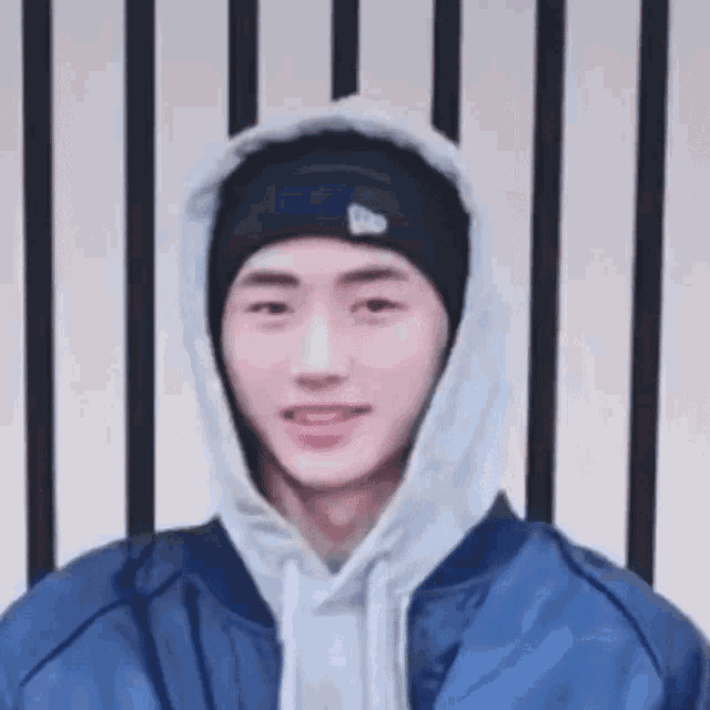 a young man wearing a hoodie and a beanie is standing in front of a striped wall .