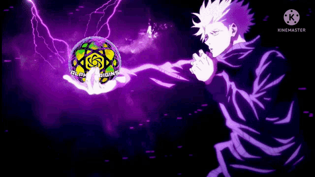 a man is holding a purple ball that says ' alpha origins ' on it