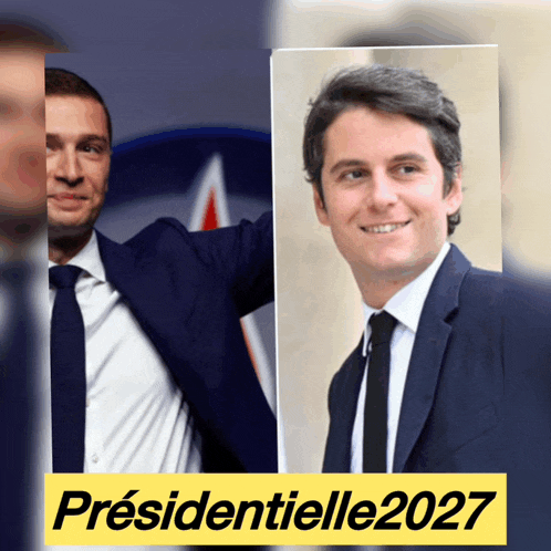 a man in a suit and tie stands next to another man in a suit and tie and a sign that says presidentielle2027