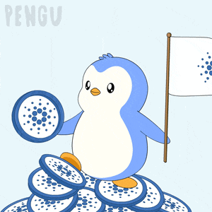 a penguin is holding a coin and a flag and the word pengu is on the bottom