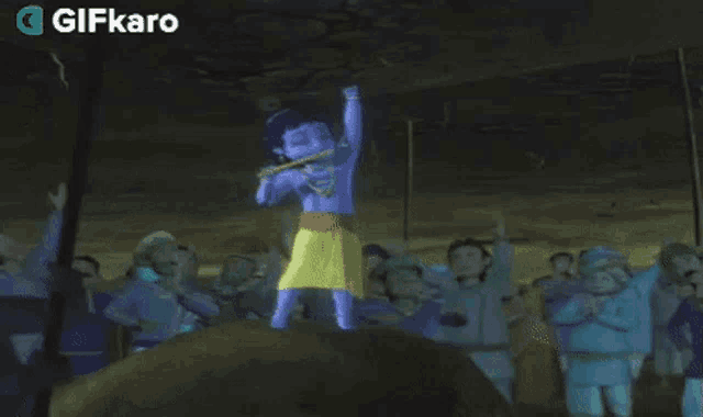 a cartoon of a boy playing a flute in front of a crowd