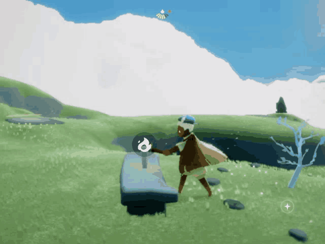 a person in a video game is standing next to a bench with a bird flying overhead