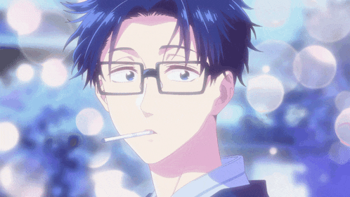 a blue haired anime character smoking a cigarette
