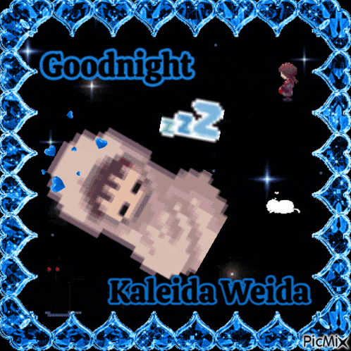 a pixel art of a girl sleeping with the words goodnight kaleida weida