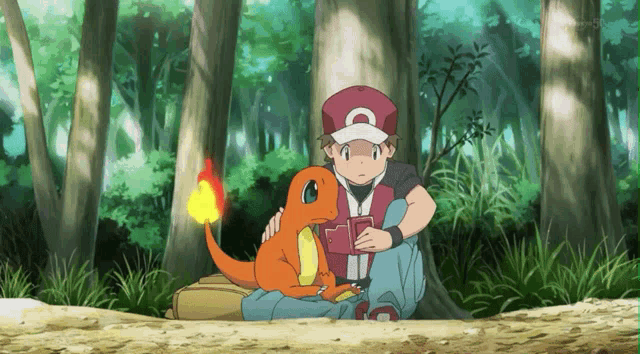 a boy in a red hat with the letter c on it sits next to a small orange lizard