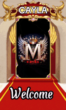 a welcome sign for cayla with a crown and wings on a red carpet