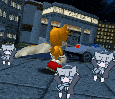 a cartoon of tails is standing in front of a building that says ss central station