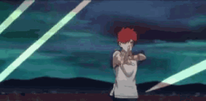 a man with red hair is holding a sword in his hand and pointing at the camera .