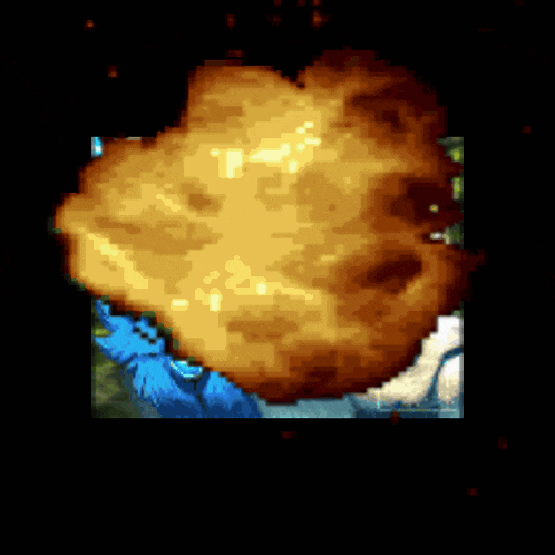 a pixel art of an explosion with a picture of a bear in the background
