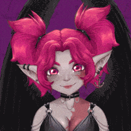 a girl with pink hair and black wings is wearing a choker