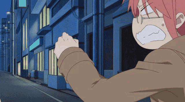 a cartoon character with red hair and glasses is standing in front of a building