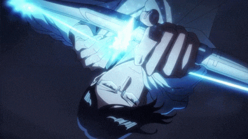 a person is holding a sword with a light coming out of it