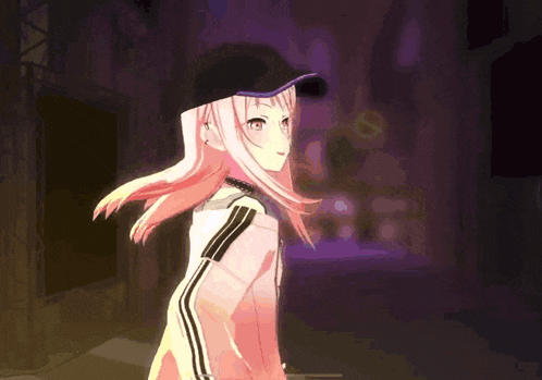 a girl with pink hair is wearing a black hat and a pink shirt that says ' aoi ' on it