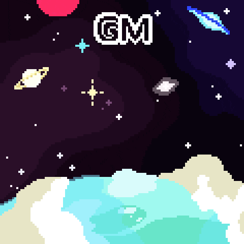 a pixel art of a galaxy with the letters gm visible