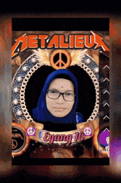 a picture of a girl in a metaleua frame with a peace sign