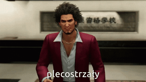 a man in a red suit is standing in front of a sign that says plecostrzady