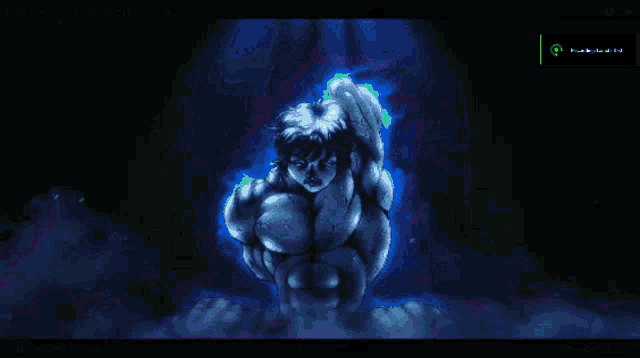 a pixel art drawing of a muscular man with a blue background