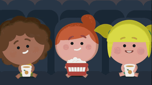 three kids are sitting in a theater eating popcorn and drinking orange juice