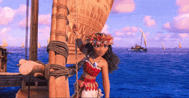 a girl with a flower crown on her head stands on a boat in the ocean